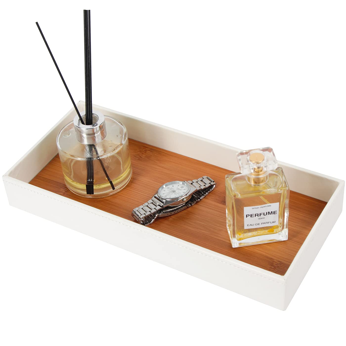 J JACKCUBE DESIGN Leather Bamboo Vanity Tray, Bathroom Organizer, Catch All Valet Tray for Women Perfume, Jewelry, Makeup, Candles, Key, Phone, Sunglasses (White)- MK205B
