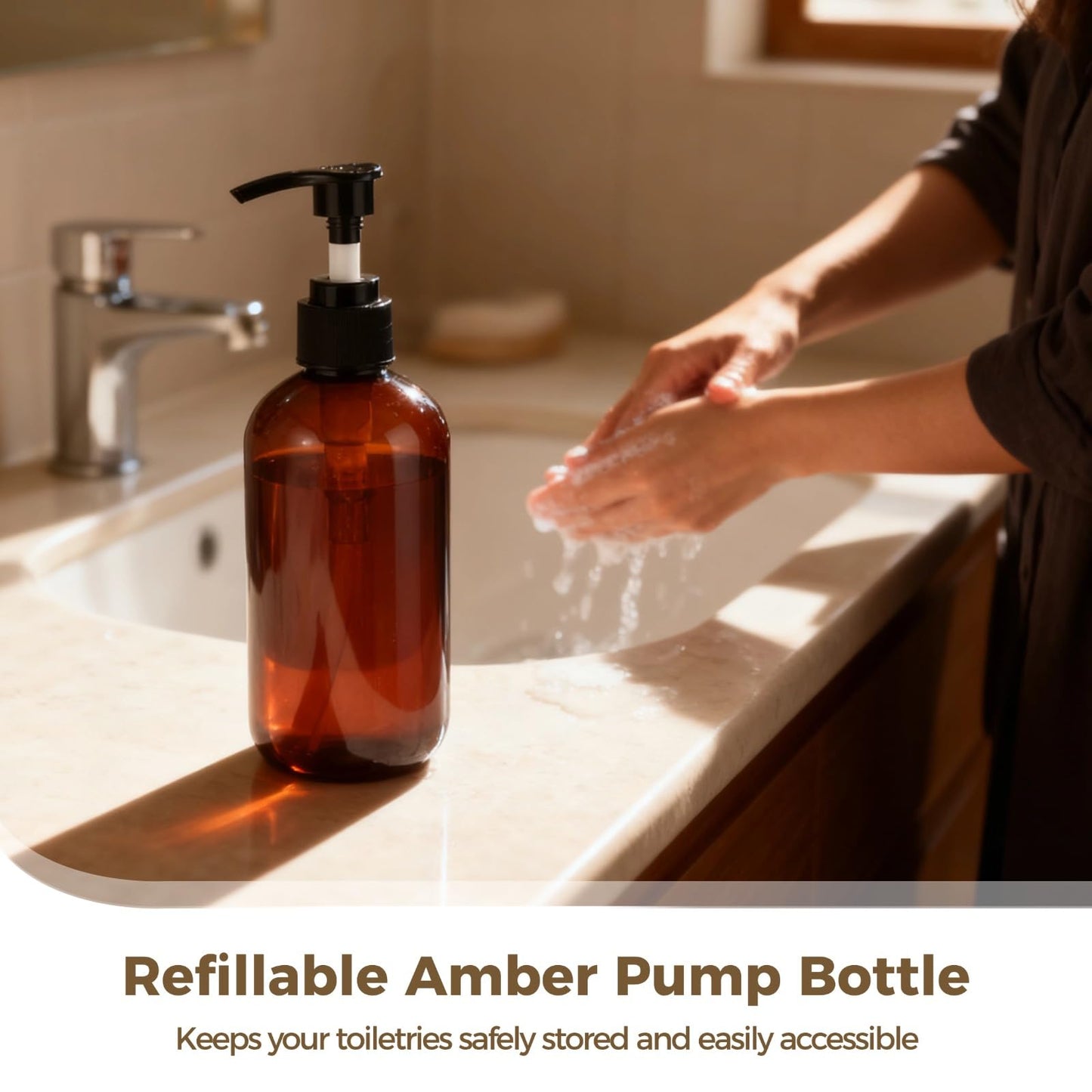 24 Pcs Empty Lotion Bottles with Pump 8oz - Refillable Amber Plastic Bottles, Liquid Dispensers with Secure Pumps, 250ml Travel-Size Containers for Lotion, Shampoo, Conditioner, Body Wash