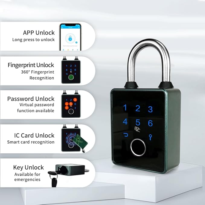 Combination Padlock,Fingerprint Bluetooth Padlock, Mobile APP, Smart Padlock, Touchscreen,Water Resistant, Suitable for Gym,Outdoor,Warehouse, Sports,Suitcase, Bike, School, Fence and Storage