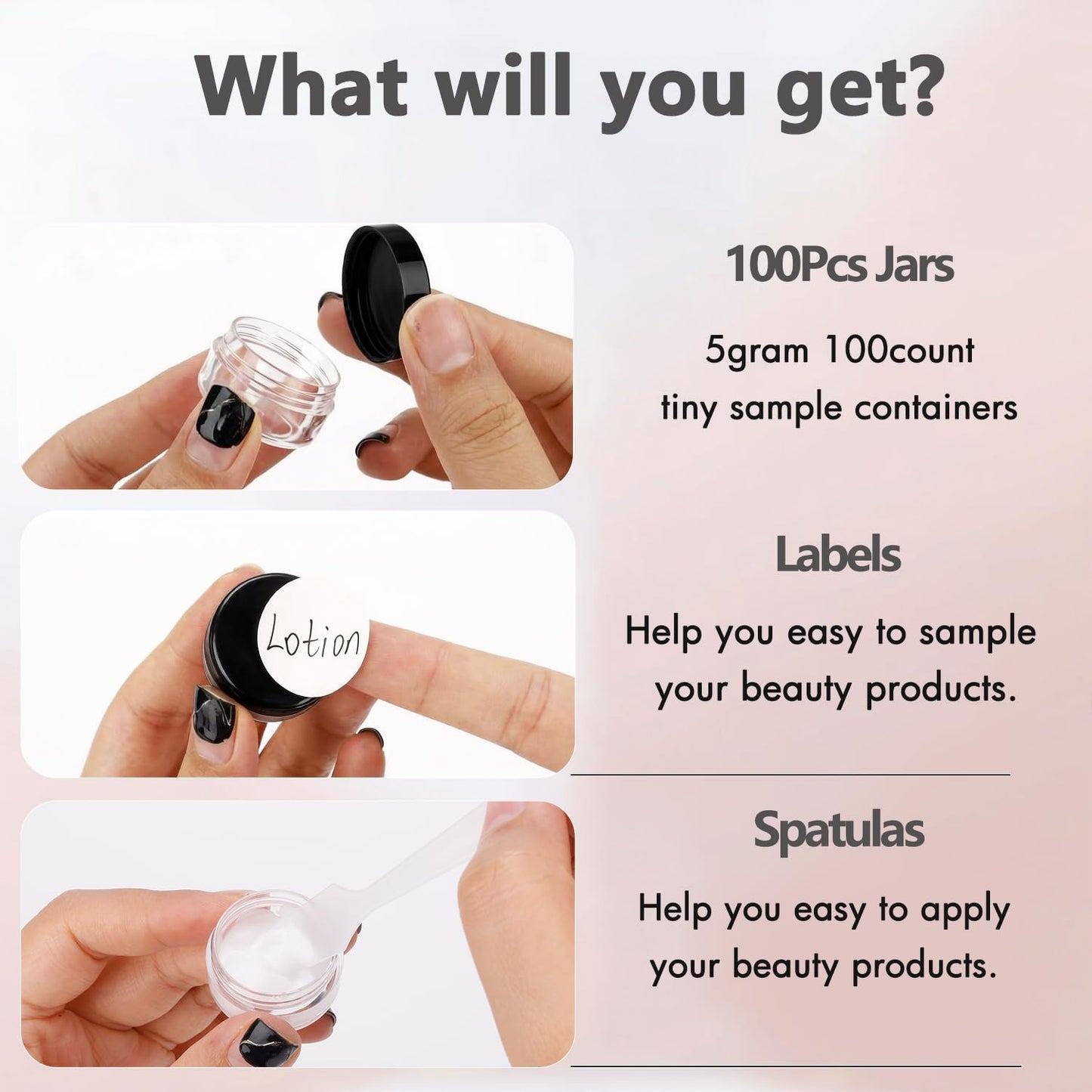 5 Gram Sample Jars with Lids, 100 Count 5ML Empty Cosmetic Containers for Makeup, Travel, Glitter, Lotion, Cream, Beads, with Labels, Mini Spatulas
