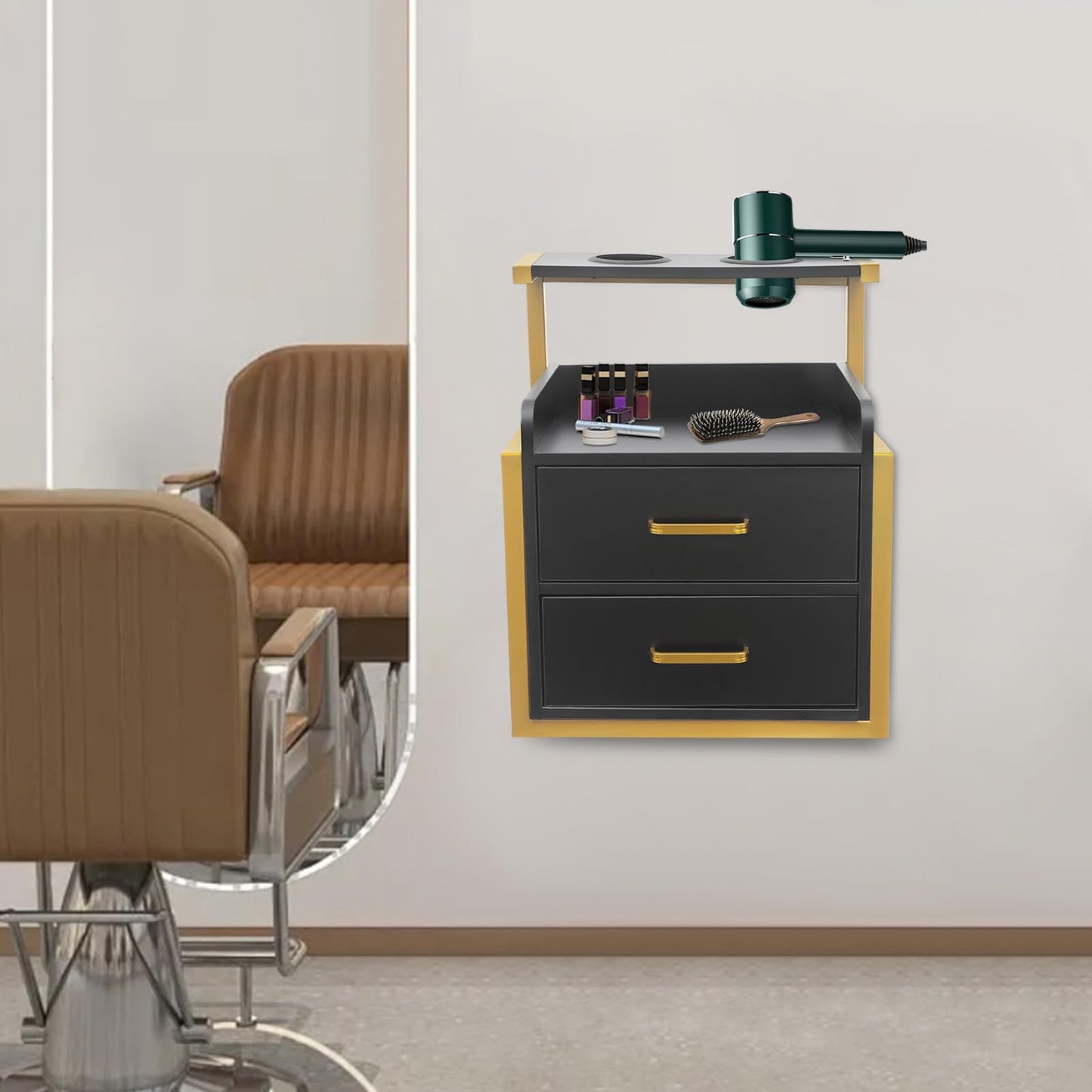Eapmic Salon Cabinet with Drawers, Suspended Salon Wall Cabinet, Salon Stations Salon Table with 2 Drawers, Stylist Storage Cabinet Beauty Station with 2 Hair Dryer Holders (Gold＋Black)