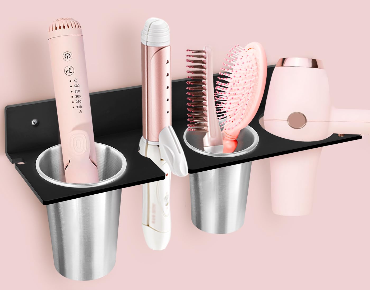 Bollmisde Hair Tool Organizer, Hair Dryer Holder with Heatproof Steel Cups, Acrylic Vanity Organizer for Curling Iron, Flat Iron & Hair Brushes, Perfect for Bathroom (Black, Oversized)