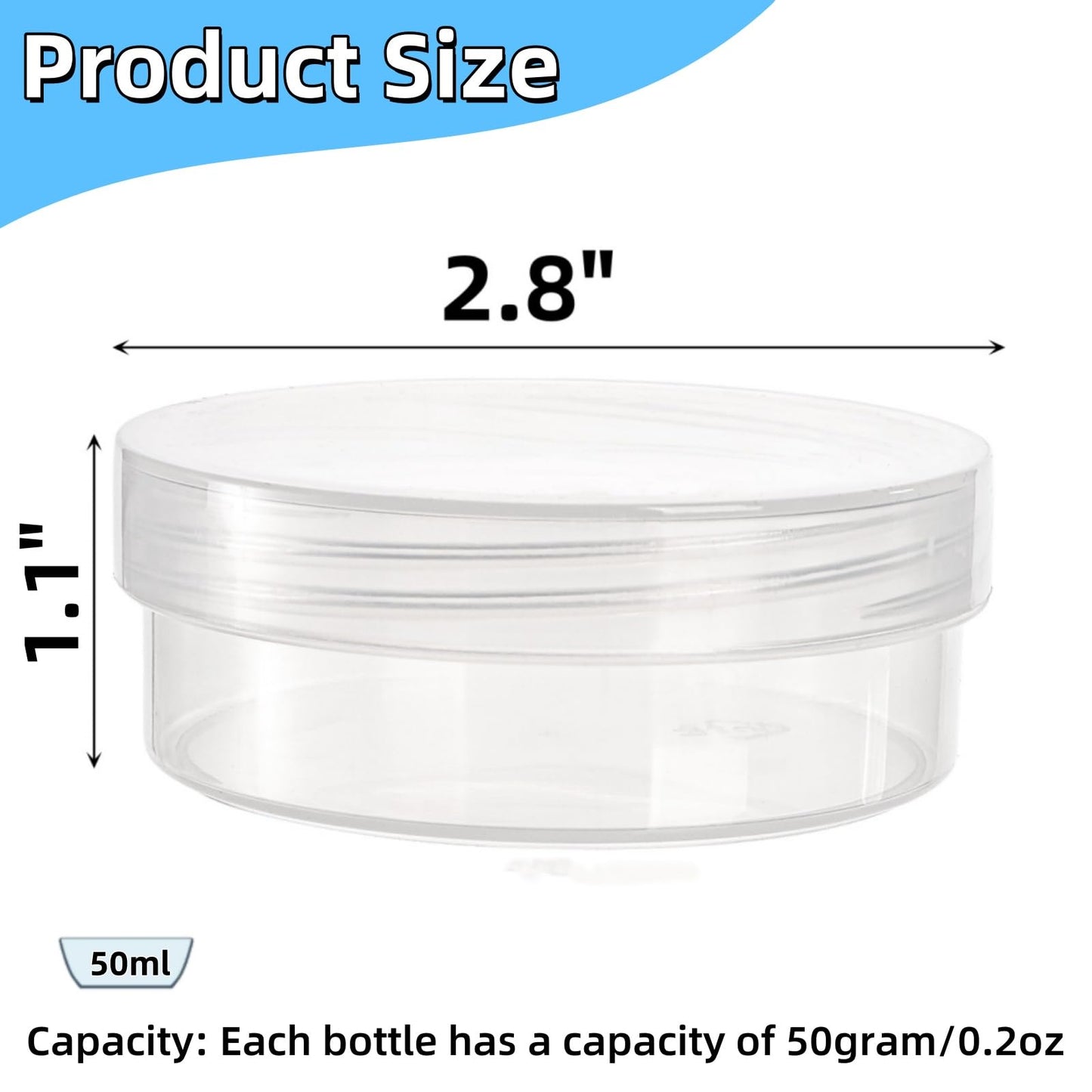 Covzoe 50 Pieces 2 Oz Plastic Jar with Lids, 50G/50ML Clear Round Bead Storage Container, Small Stackable Cosmetic Storage Organizer Box for Buttons, Glitter, Jewelry, Makeup, Small Items