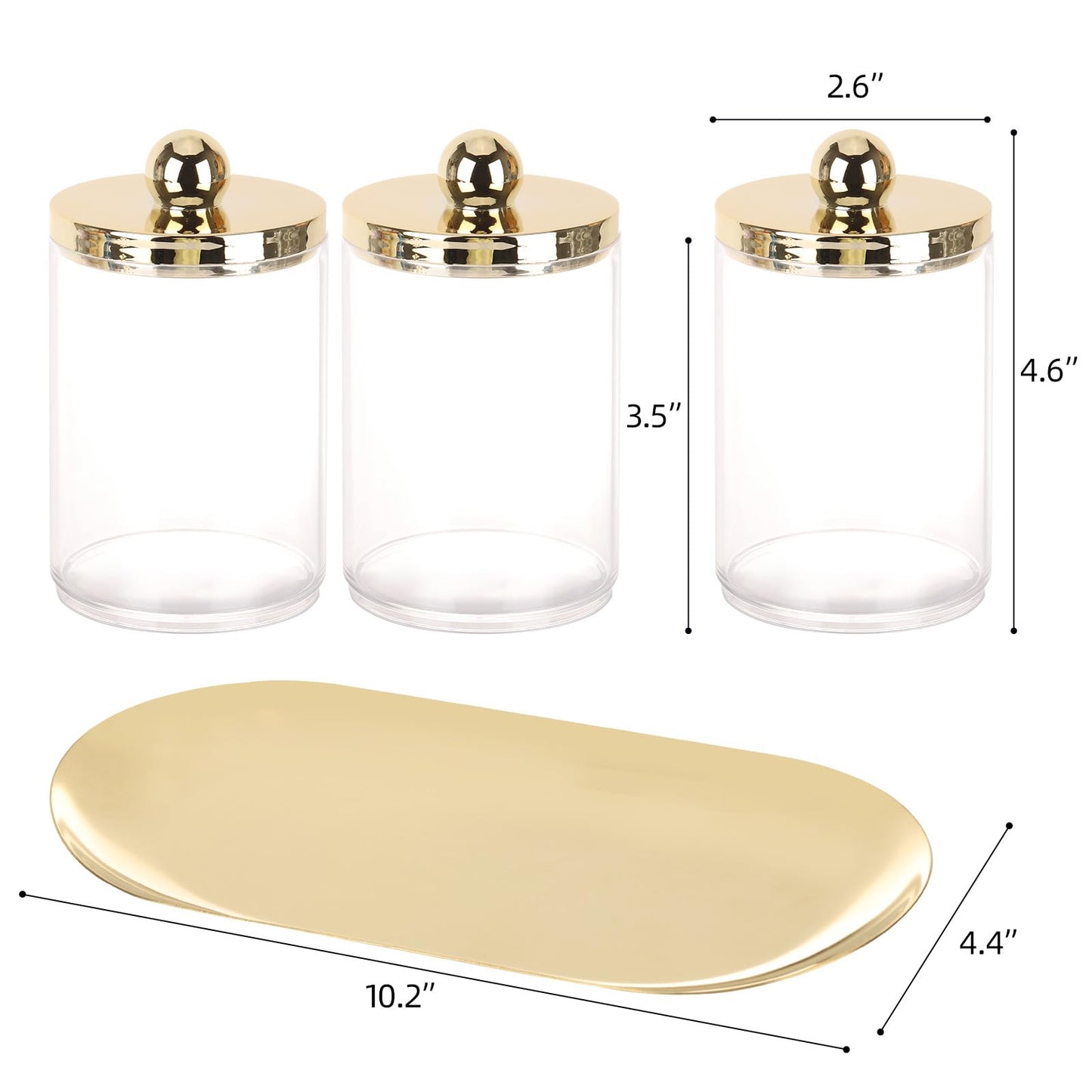Tbestmax 3 Pack Qtips Holder with Gold Tray, 10oz Cotton Swab Ball Holder for Bathroom Essentials Accessories Decor Clear Plastic Canister Apothecary Jars