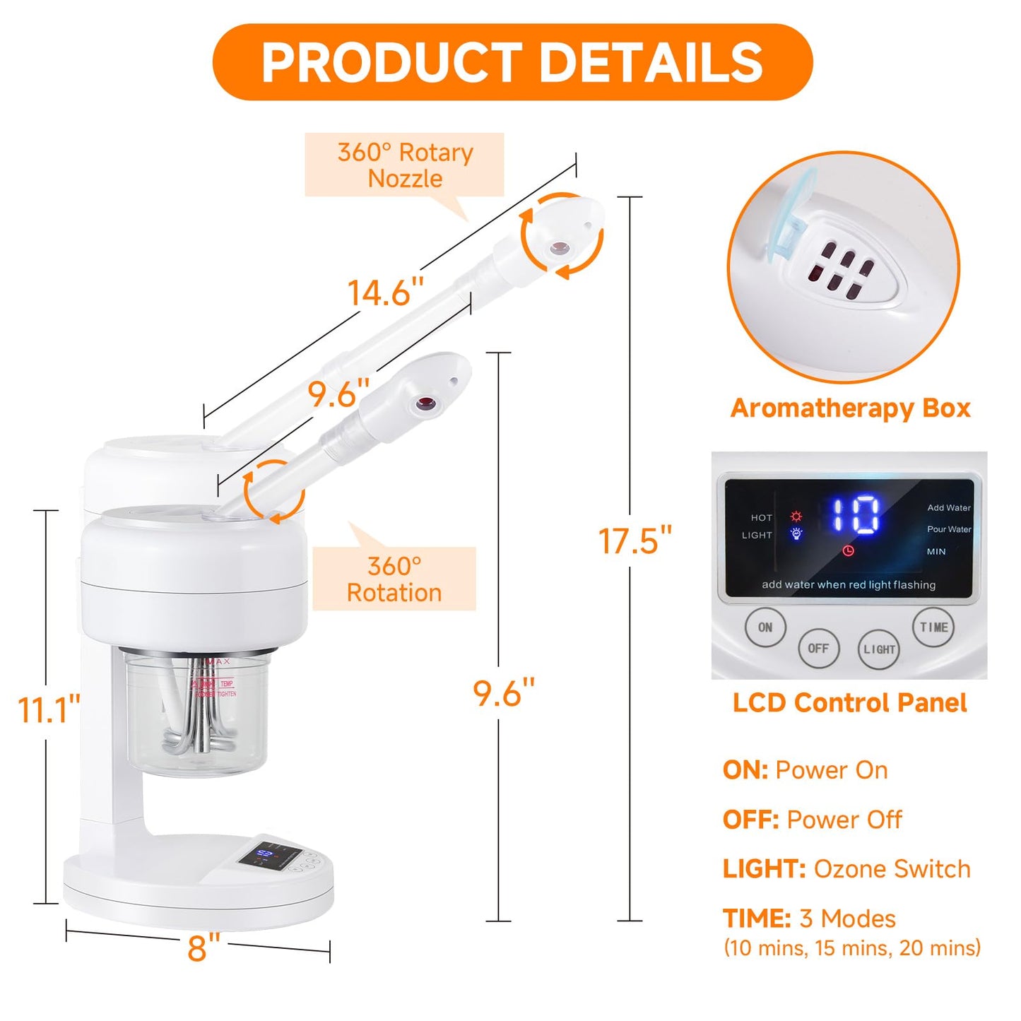 HeavenBird Ozone Facial Steamer, Portable Nano Ionic Face Steamer with LCD Screen, Extendable 360° Rotating Arm, Rotatable Nozzle, Hot Mist Function for Personal Care at Home or Salon
