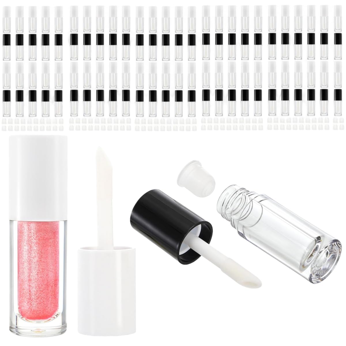 52 Pack Lip Gloss Tubes 1.3ml, Empty Lipgloss Containers with Wand and Rubber Insert, Clear Refillable Plastic Lip Balm Bottles for Travel, DIY Makeup, Lipstick Samples, Lip Gloss Making Kit