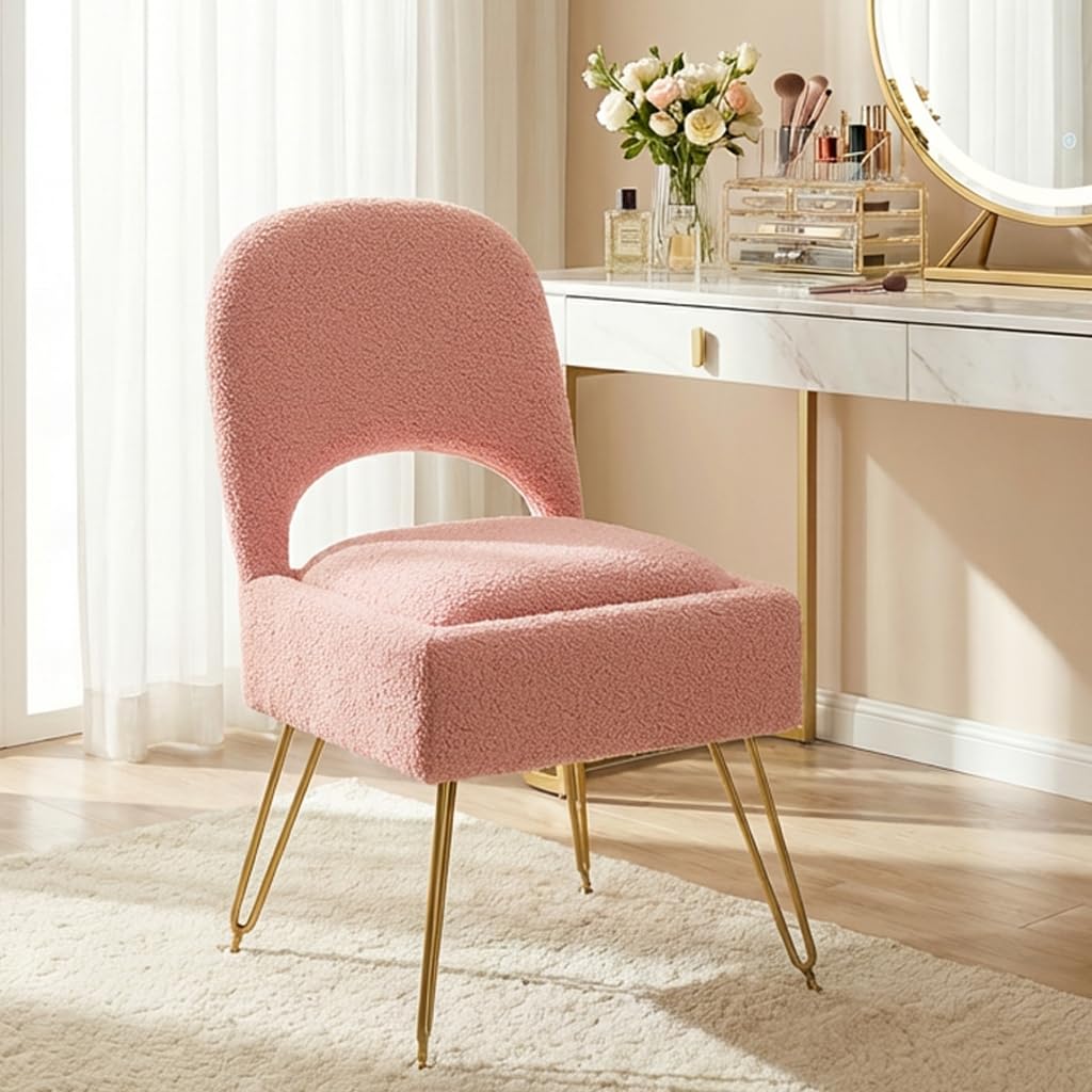 Furnistyle Vanity Chair with Storage & Folding Backrest, Cute Pink Faux Fur Vanity Stool, Comfy Padded Make Chair for Makeup Bedroom, Adjustable Back & Plush Cushion Seat,16.6" Wide 11L Storage Space