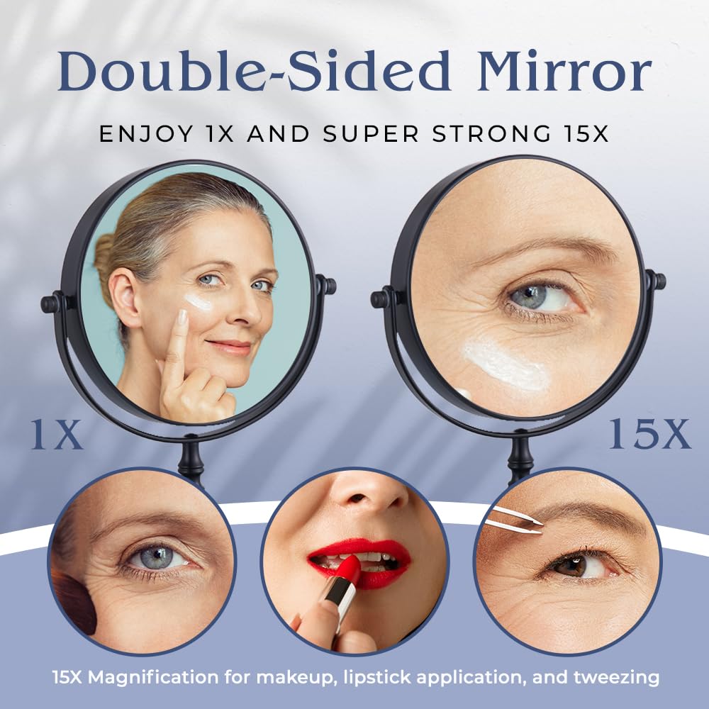 15X Magnifying Tabletop Mirror on Stand - Dual Sided 15x and 1x Cosmetic Mirror for Desk, Dressing Table, Bathroom Countertop - 6" Wide & 9" Tall (Black)