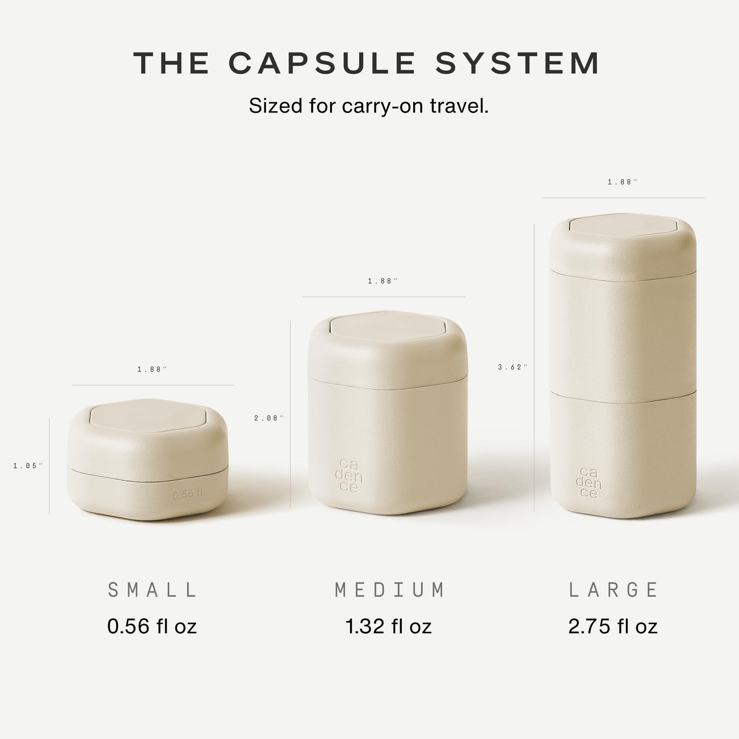 Cadence Travel Containers - Daily Routine Capsule Set - Magnetic Containers with Lids,4 Flex Mediums (1.32oz) & 3 Flex Smalls (0.56oz) - Shampoo, Conditioner, Body Wash, Pills, & More - Sand