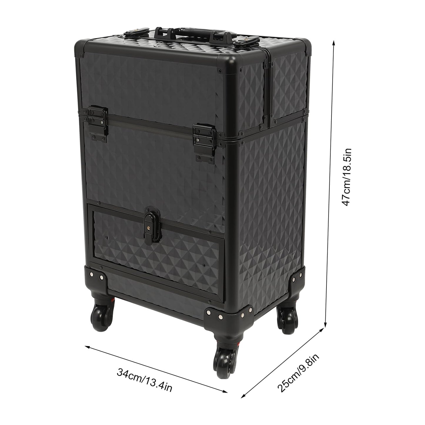 MRFIOJYDR Aluminum Rolling Makeup Train Case, Large Storage Cosmetic Trolley Portable Makeup Organizer Suitcase w/4 Removable Wheels, Keys, Adjustable Compartment (Black)