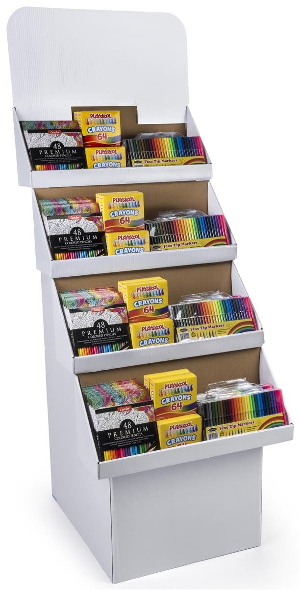 Displays2go 4‑Tier Cardboard Dump Bin Display, Point of Purchase Floor Merchandising Stand with Removable Header, White Corrugated – Set of 2 (4TCBFDWT)