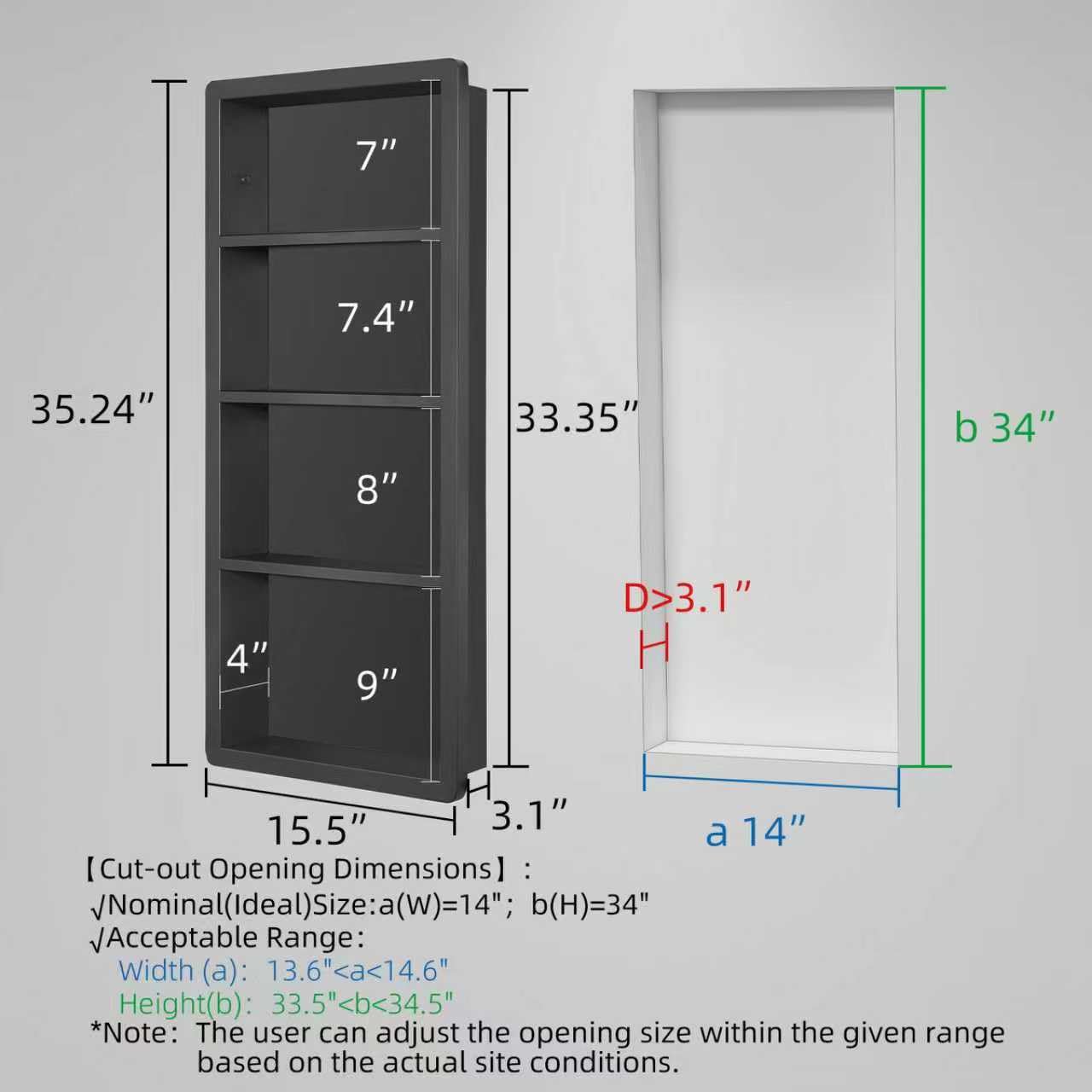 IDYLLOR Recessed Medicine Cabinet, 304 Stainless Steel Wall Niche Shower Shelf for Bathroom, Waterproof Rustproof Storage Organizer, 14" x 34", Matte Black (No Mirror)