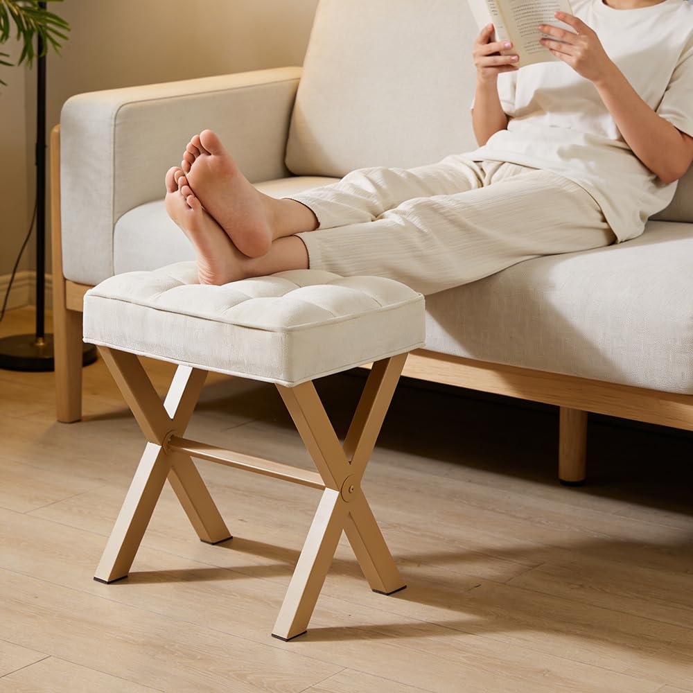 OUSADOU Upholstered Vanity Chair with Metal X-Legs & Soft Linen Fabric - Modern Square Foot Stool Ottoman,Versatile Seat and Footrest for Makeup, Living Room, Bedroom & Entryway(X-Yellow-White)