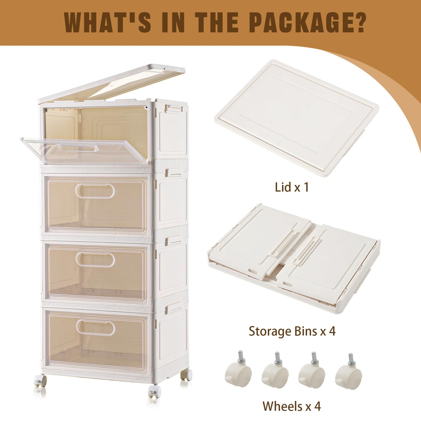 Freebat 4-Tier Stackable Storage Bins with Lid, 23QT Storage Containers,Clear Foldable Plastic Drawer Storage on Wheels,Closet Organizers and Storage for Living Room,Bedroom,Office,Dorm