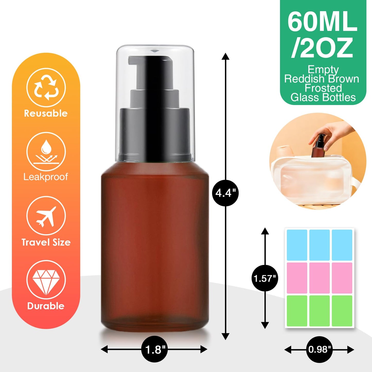 3PCS 60ML/2OZ Empty Reddish Brown Frosted Glass Bottles with Pump Refillable Vial Cosmetic Dispenser Jars Storage Travel Lotion Container Portable Sample Bottle for Toiletries,Foundation,Cream,Lotion