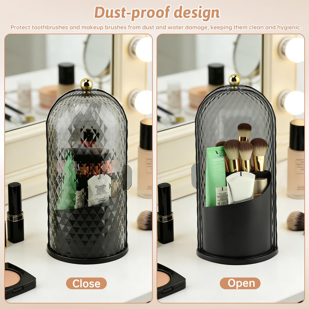 Makeup Brush Holder with Lid, 360 Rotating Dustproof Waterproof Sliding Opening Storage Box, Multifunctional Toothbrush Holder with 3 Compartments for Organized Storage