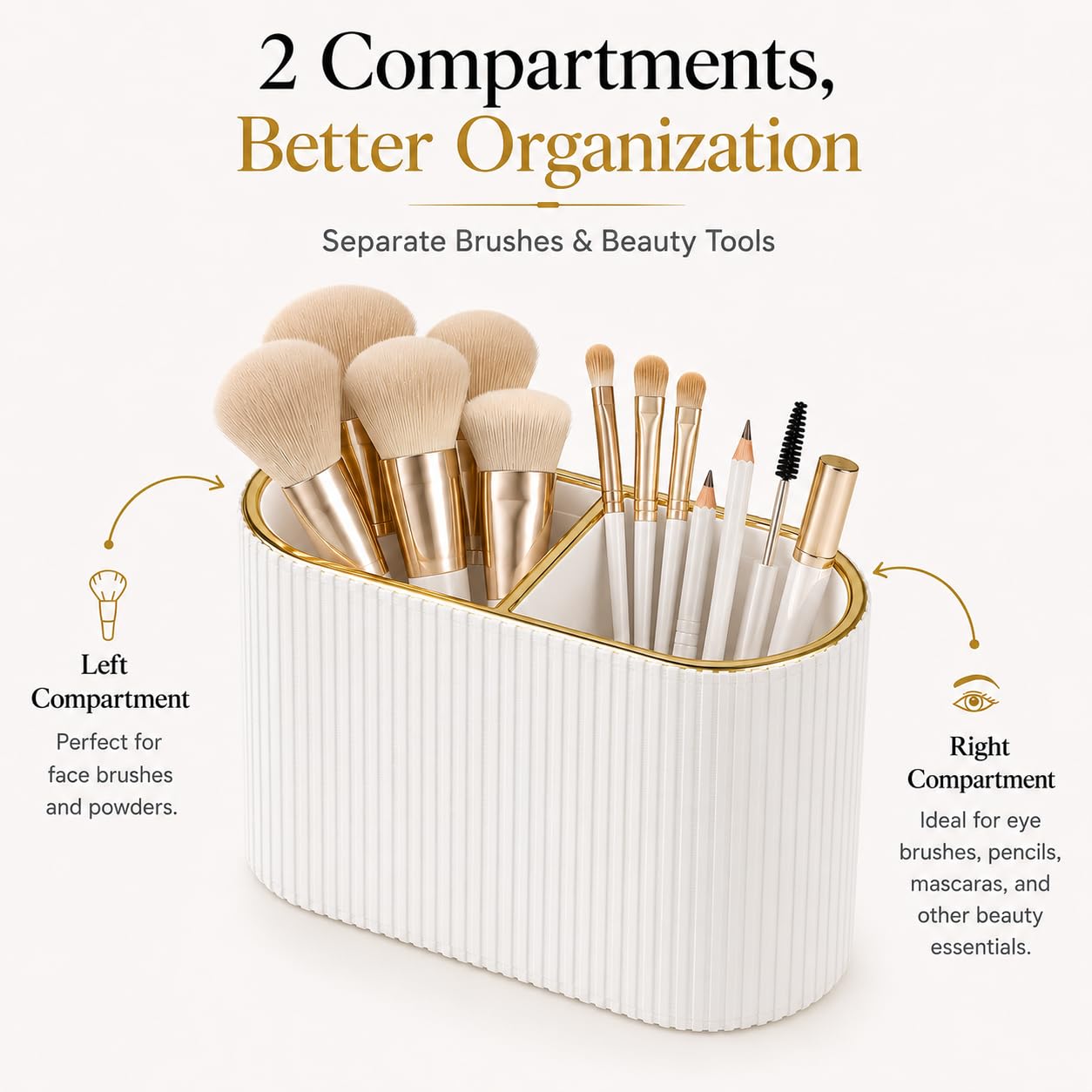 GORESE Makeup Brush Holder Organizer with 2 Slots, PU Leather Small Make Up Organizer for Vanity Bathroom Countertop, Gift for Women(Ivory White)