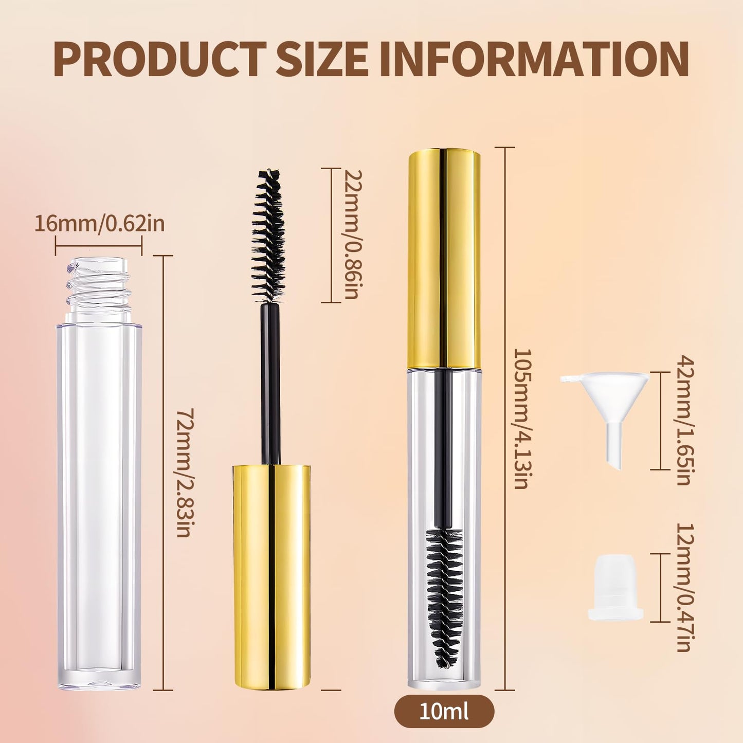 Amzlysdok 16 Pack Empty Mascara Tube 10ml Refillable Bottles with Brush Wand&Funnels,Leakproof Travel Containers for Lash & Brow Serum,Portable for Makeup Artists or Beginners(Gold)