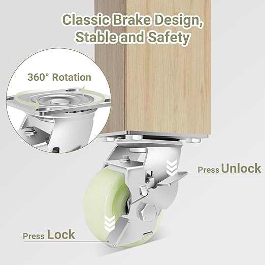 W B D WEIBIDA Heavy Duty Caster Wheels 4 Inch - 2500 LBS, PP Plate Castor Set of 4 with Double Ball Bearings, Non-Marking Industrial Swivel Casters for Hand Trucks, Carts, Industrial (2 Brake 2 Rigid)