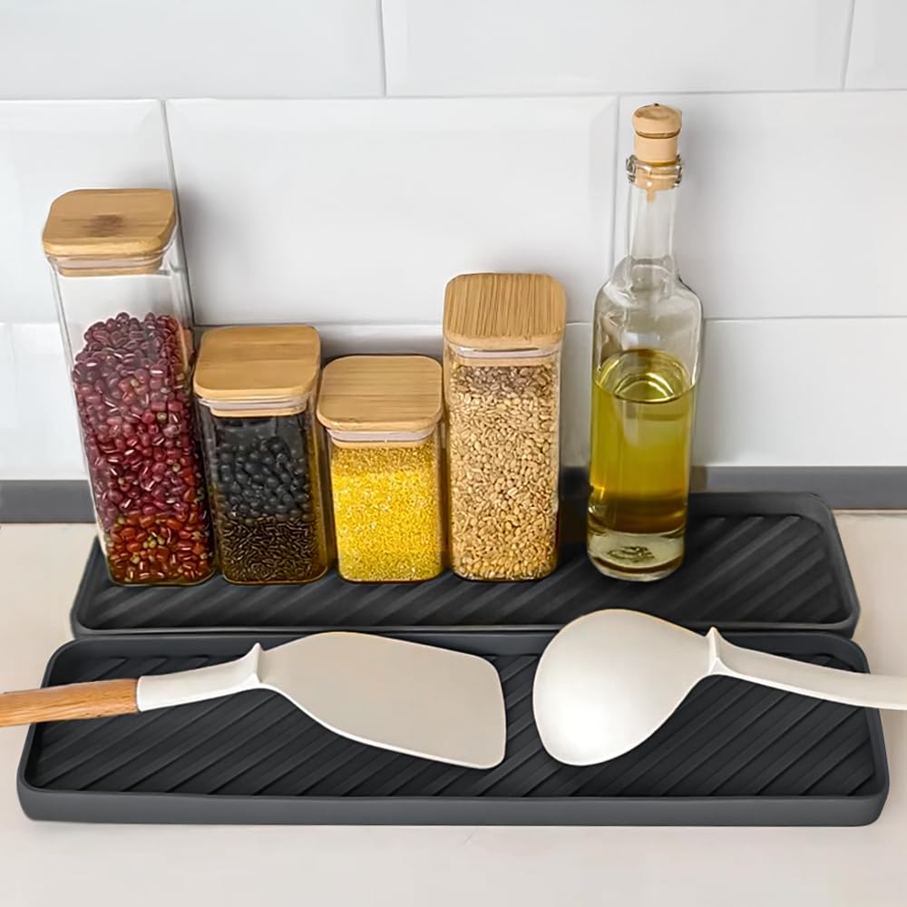 HvOvMvE Silicone Organizer Tray for Kitchen Sinks and Bathrooms. Dishwasher-Safe, Non-Slip Countertop Tray, Bathroom Drawer Organizer Trays. Perfect for Makeup & Trinkets (Dark Gray L 1PC)