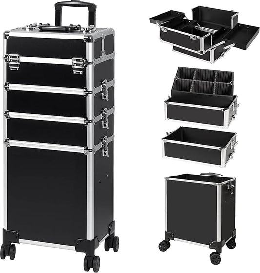 Professional Rolling Makeup Case, Cosmetology Case on Wheels 4 in 1 Large Cosmetic Train Case, Ideal Gift for Hairstylist, Nail Techs, Portable Beauty Organizer for Travel or Salon Use,Black Silver