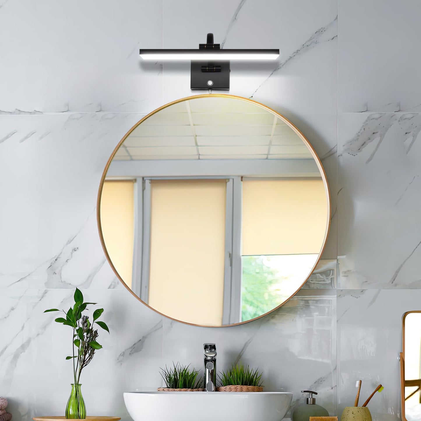 MantoLite 15inch LED Dimmable Bathroom Vanity Wall Light Fixture, 6000K 8W Cabinet Picture Lights, Black Make-up Mirror Front Light Ajustable Arm Bedside Reading Lamp, Pulg in Display Wall Sconce