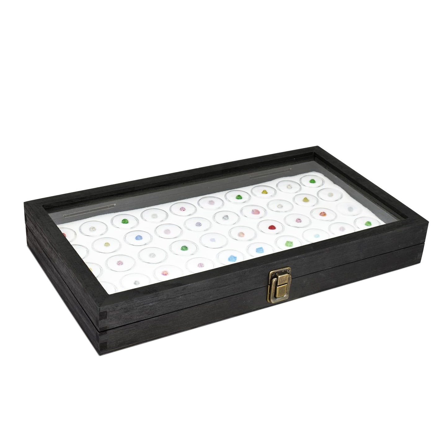 MOOCA Glass Top Black Jewelry Display Case 50 Gem Jars, Ring Box, Jewelry Organizer, Gem jar storage, Glass Display Box, Ring storage White Tray with Gem Jar