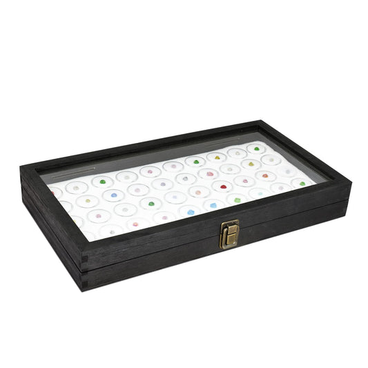 MOOCA Glass Top Black Jewelry Display Case 50 Gem Jars, Ring Box, Jewelry Organizer, Gem jar storage, Glass Display Box, Ring storage White Tray with Gem Jar