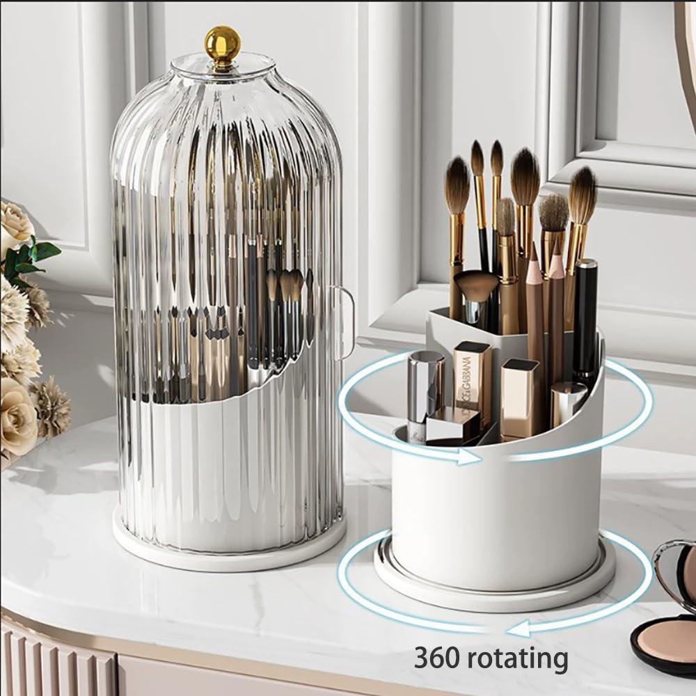 Makeup Brush Holder Organizer 360° Toothbrush storage rack,Beauty Brushes Storage, Makeup Brush Holder with Lid, Waterproof Dustproof Beauty Brushes Storage for Vanity (Grey-White)
