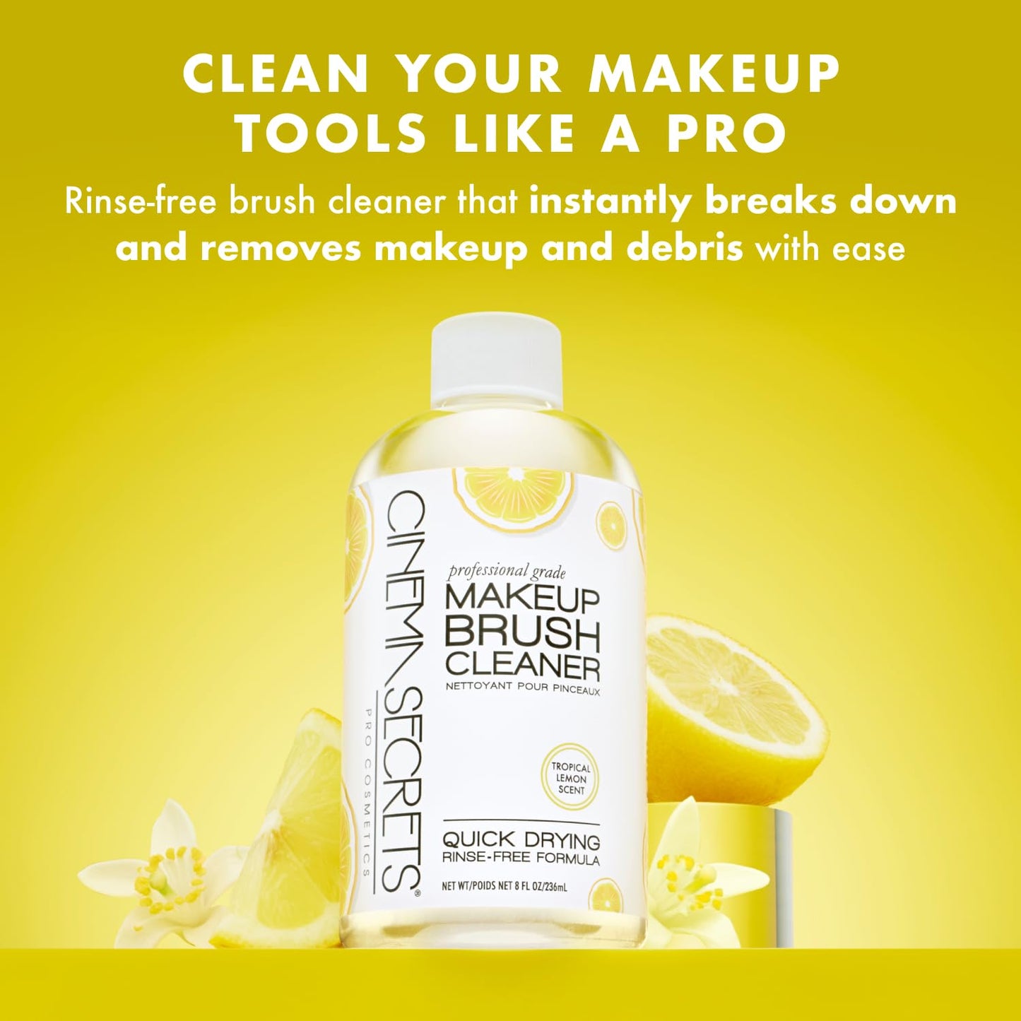 CINEMA SECRETS Original Makeup Brush Cleaner Solution & Spray Combo - Professional Cleanser for Makeup Brushes - Quick-Drying & Rinse-Free - Removes Built-Up Make Up - Lemon (16 fl oz & 2 fl oz)