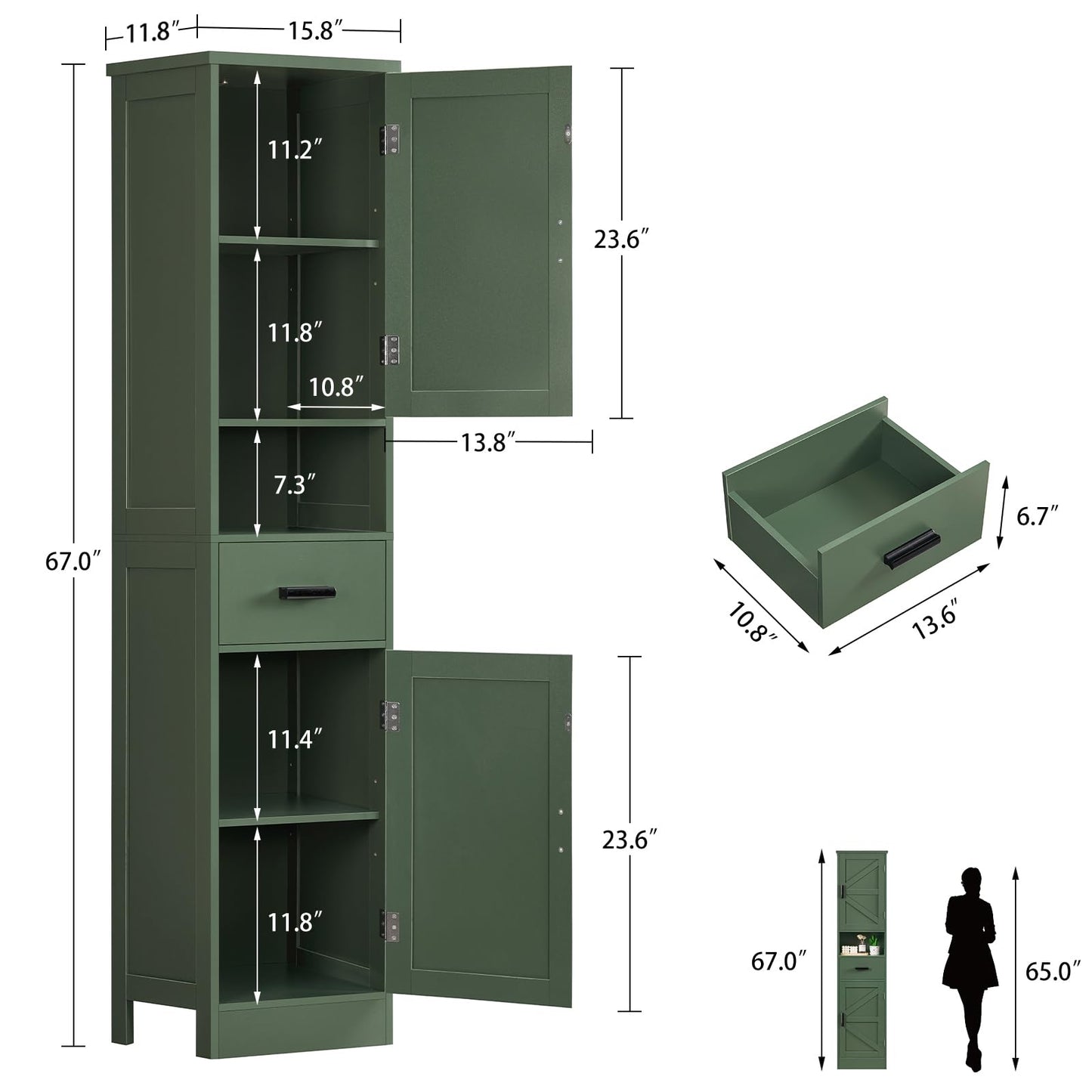 TEENFON 67" H Tall Bathroom Storage Cabinet with Barn Doors and Drawer, Narrow Bathroom Cabinet, Narrow Storage Unit, Adjustable Shelves, Floor Cabinets for Living Room, Forest Green