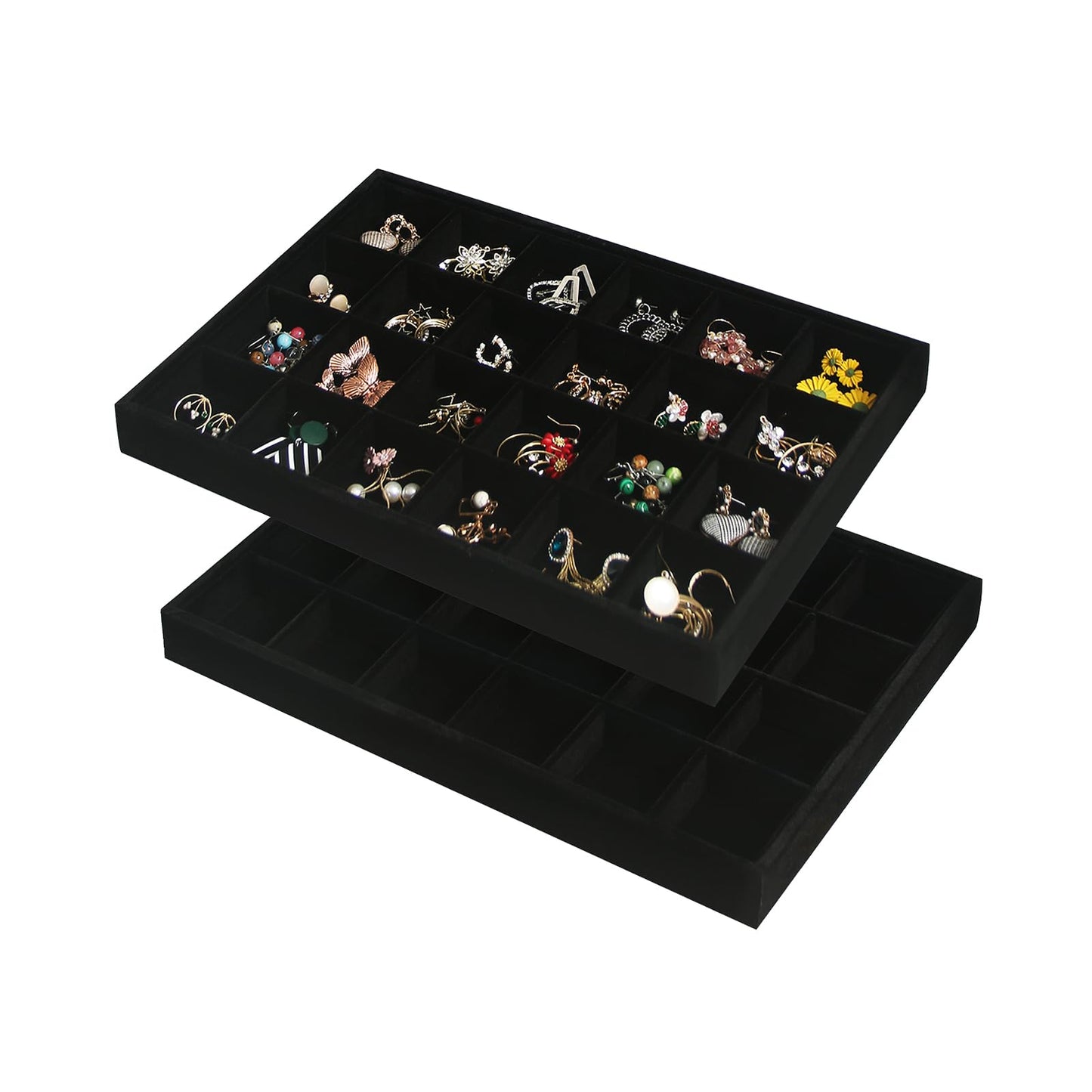 Coward 2PC Black Velvet Stackable 24 Gird Jewelry Organizer Tray Necklace Earring Box Storage Drawer Ring Earring Display Holder (24grid+24grid)