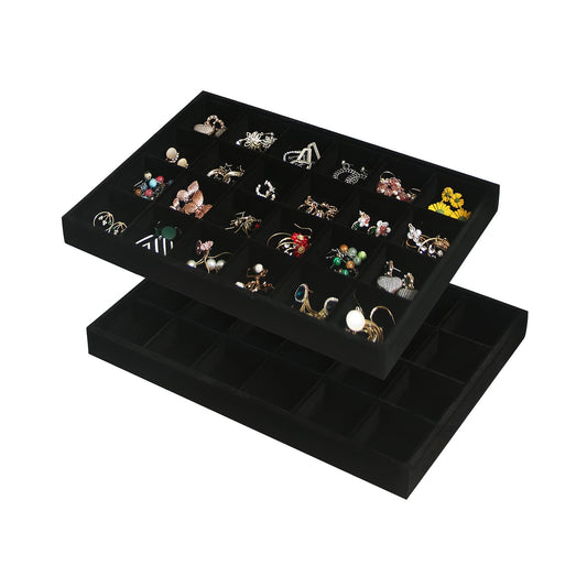Coward 2PC Black Velvet Stackable 24 Gird Jewelry Organizer Tray Necklace Earring Box Storage Drawer Ring Earring Display Holder (24grid+24grid)