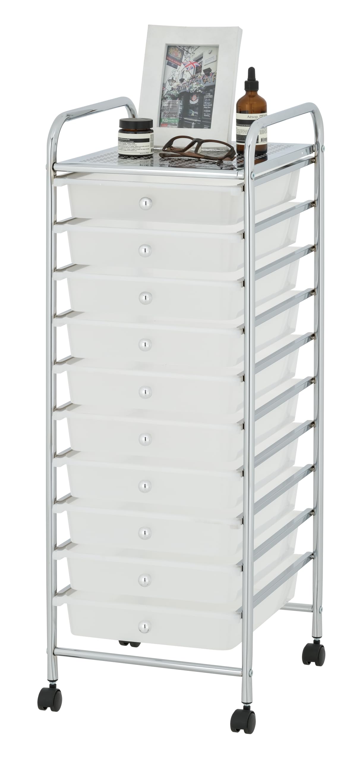 Display By Jack Rolling Storage Cart 10 Drawer Organizer with White Drawers, Slim 36" Chrome Frame, Locking Wheels, and Top Shelf for Office, Classroom, Bathroom, or Craft Storage