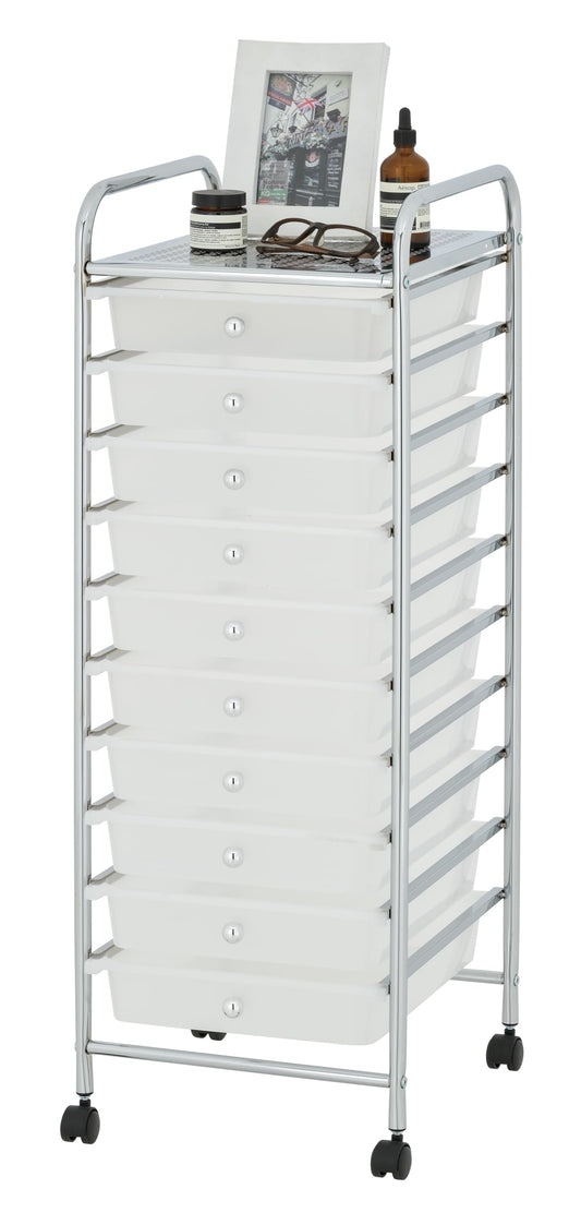 Display By Jack Rolling Storage Cart 10 Drawer Organizer with White Drawers, Slim 36" Chrome Frame, Locking Wheels, and Top Shelf for Office, Classroom, Bathroom, or Craft Storage