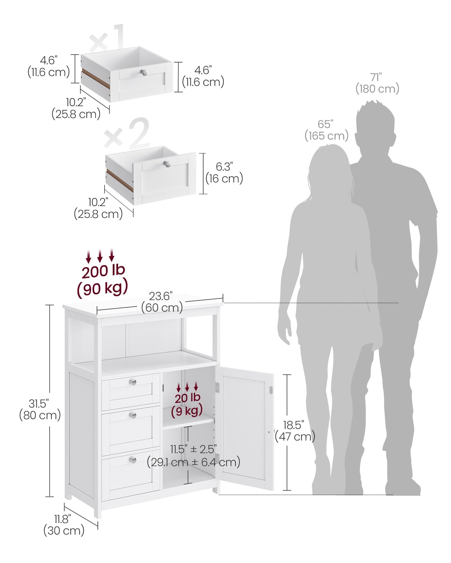 VASAGLE Floor Storage Cabinet, Freestanding Storage Unit with 3 Drawers, Adjustable Shelf, 11.8 x 23.6 x 31.5 Inches, for Living Room, Bathroom, Entryway, White UBBC542P31V2