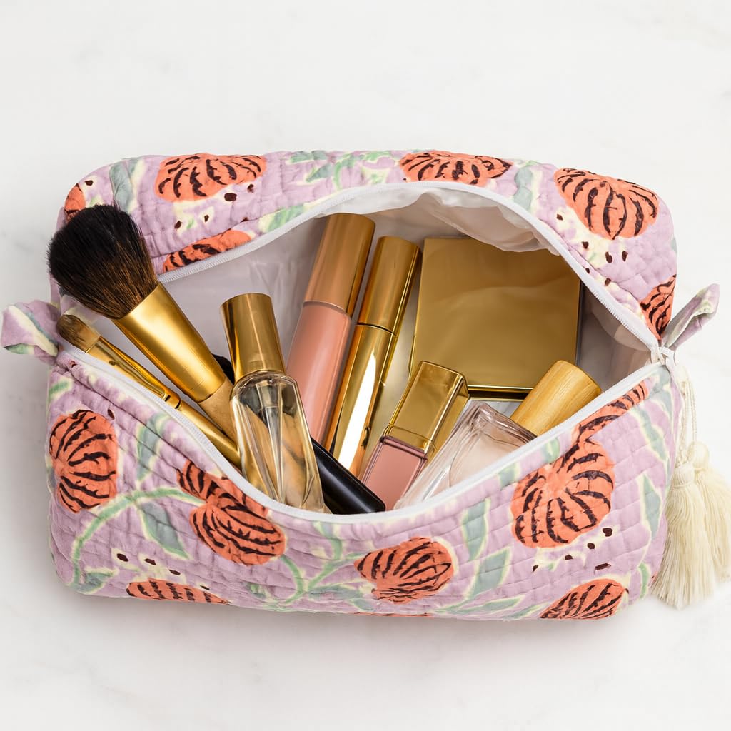 Palmetto Home Block Print Makeup Bag & Toiletry Pouch – Quilted Cotton Cosmetic Bag for Travel, Artisan Handmade Organizer for Women, Giftable (Pink Tiger)