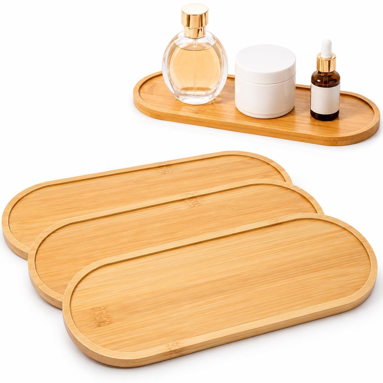 RVXHUA 3 PCS Bamboo Vanity Tray, 11 x 4 Inch Bamboo Serving Tray Set with Raised Rim, Small Wood Organizer Trays for Coffee, Snacks, Dessert, Bathroom Vanity, Kitchen Counter, Desk Decor - Oval