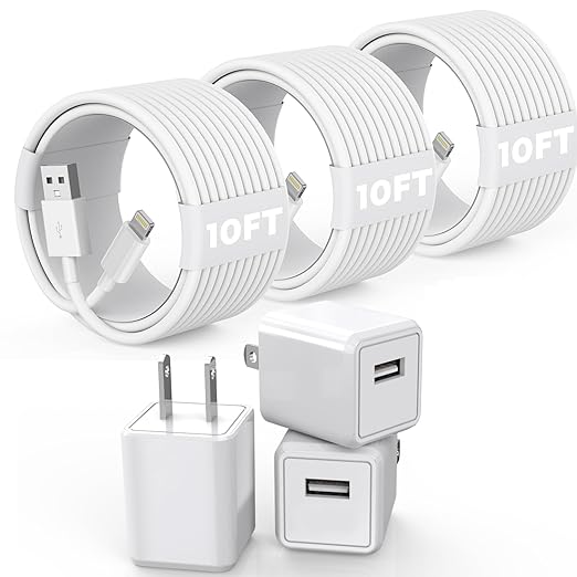 3Pack 10FT Long iPhone Charger,[Apple MFi Certified] Cube Phone Charging Transfer Cord 10Foot Lightning Cable USB Plug Wall Charger Block Travel Adapter for iPhone 14/13/12/11/SE 2022/8/7/XS/XR/X/iPad