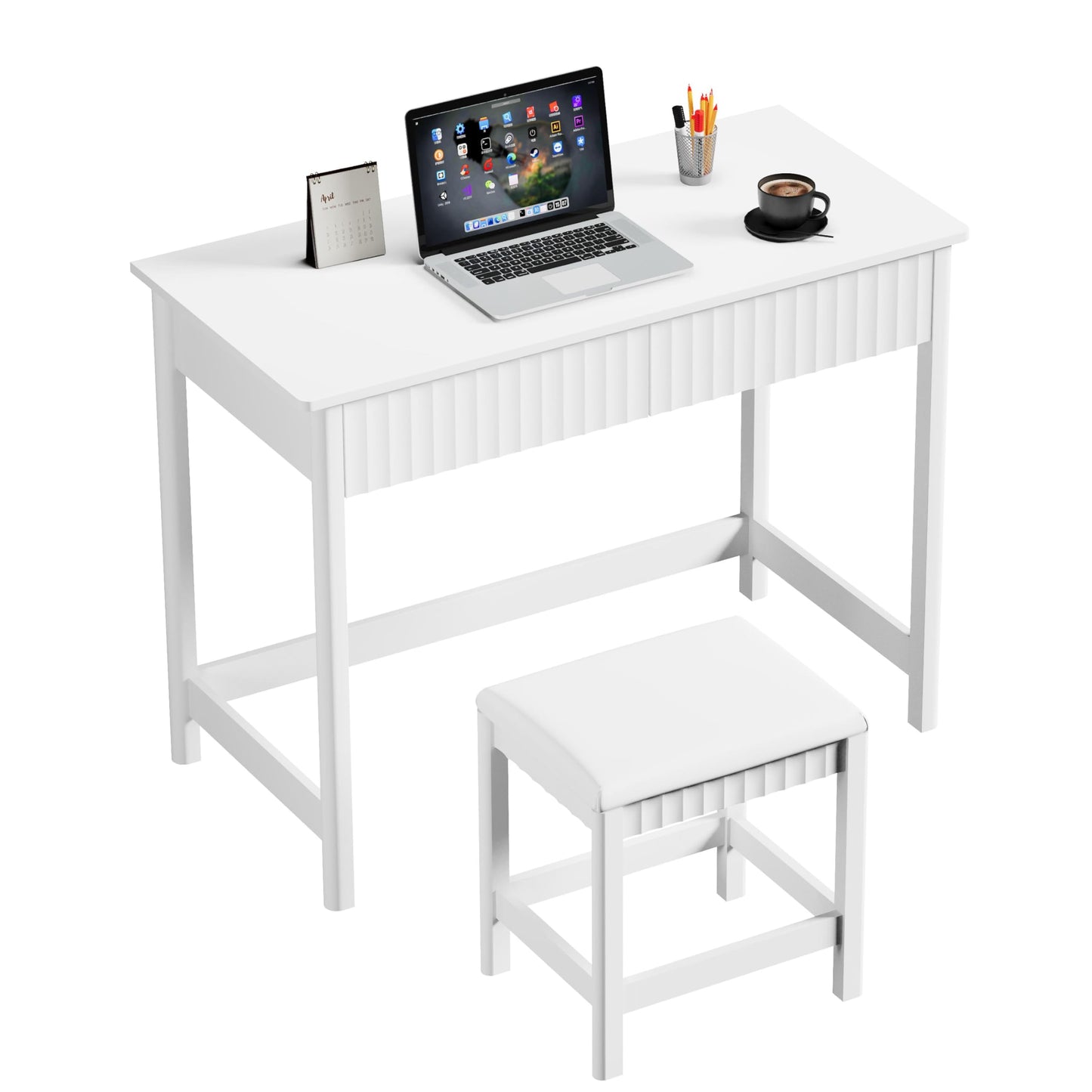 ChooChoo 40 Inch Modern Desk with Drawers, Makeup Vanity Desk with Padded Stool, Small Home Office Desk for Bedroom, White