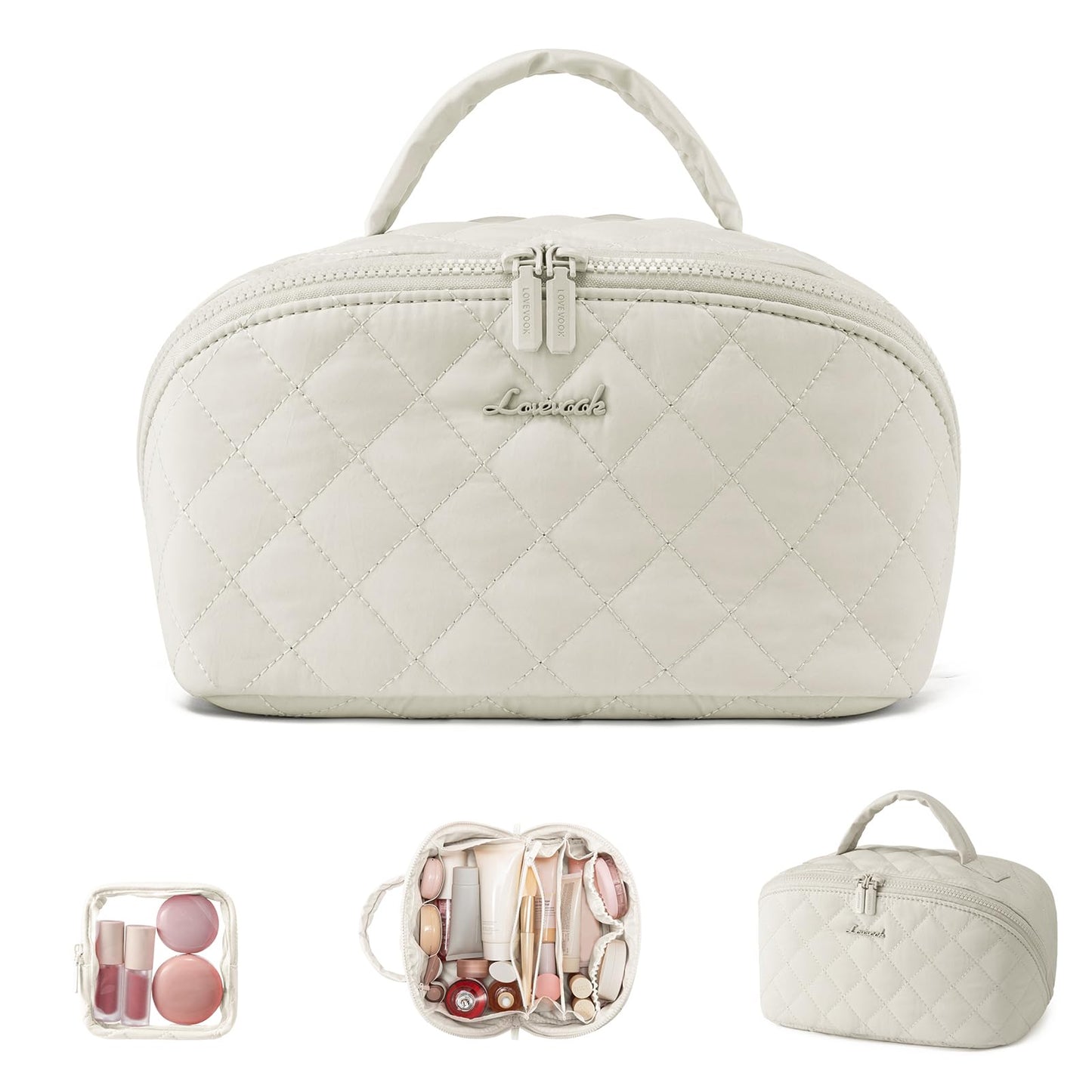 LOVEVOOK Travel Makeup Bag for Women, 2Pcs Puffer Waterproof Cosmetic Organizer, Large Capacity Pouch Open Flat Small Toiletry Bag with Brush Compartment & Handle (Off-white, Medium)
