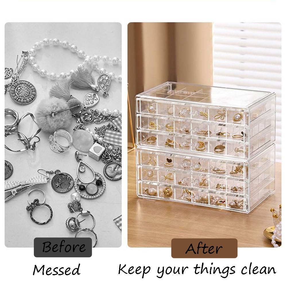 CLUQMEIK Earring Organizer Box Clear Storage Acrylic for Earrings Necklace Organizer Jewelry Box with 72 Grids Storage Compartments Transparent Ring Clear Jewelry Organizer
