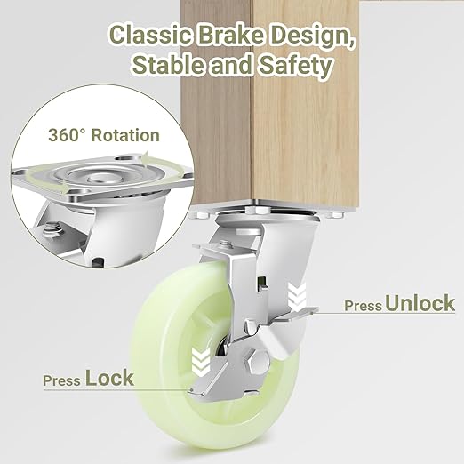 W B D WEIBIDA Heavy Duty Caster Wheels 6 Inch - 4500 LBS, PP Plate Castor Set of 4 with Double Ball Bearings, Non-Marking Industrial Swivel Casters for Hand Trucks, Carts, Industrial (2 Brake 2 Rigid)
