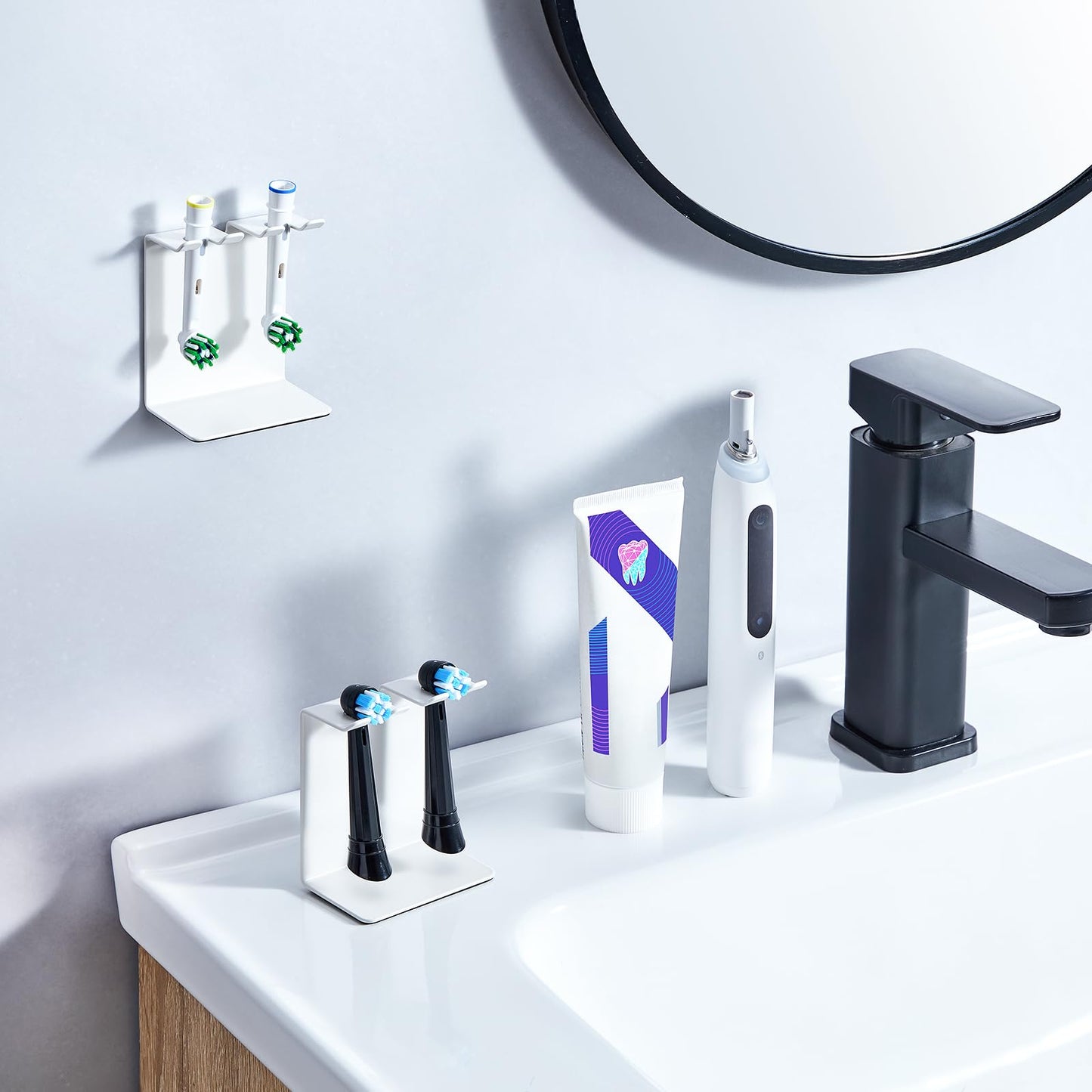 Electric Toothbrush Head Holder, Oukimly Toothbrush Holder Wall Mounted or Desktop, Metal Tooth Brush Holder, Shower Brush Head Holder, Electric Toothbrush Holder for Bathroom (White, Small)