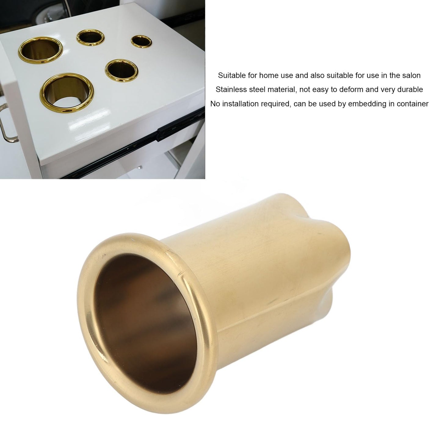 Estink Hair Dryer Holder Insert, 9cm/3.54in Firm Stainless Steel Blow Dryer Shelf Salon Station Appliance Hair Styling Tool Tube Comb Organizer for Home Salon Hairdressing Beauty (Gold)