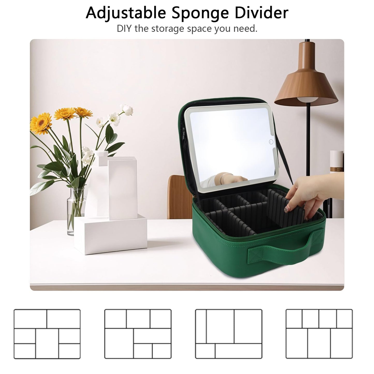 SLUMAZI Travel Makeup Bag with LED Mirror Travel Makeup Organizer with 3 Lighted Settings, Adjustable Dividers and Makeup Brush Storage Bag Dark Green
