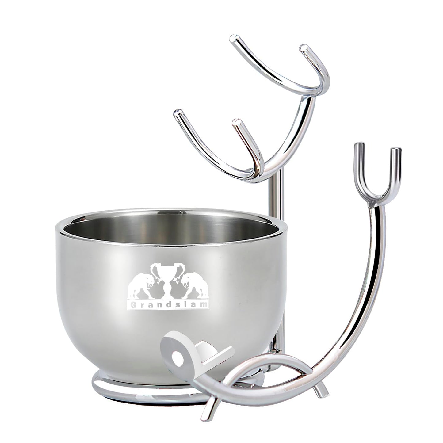 Grandslam Razor & Brush Stand with Double Stainless Steel Bowl Set for Shave Soap, Safety & Straight Razors, Silver