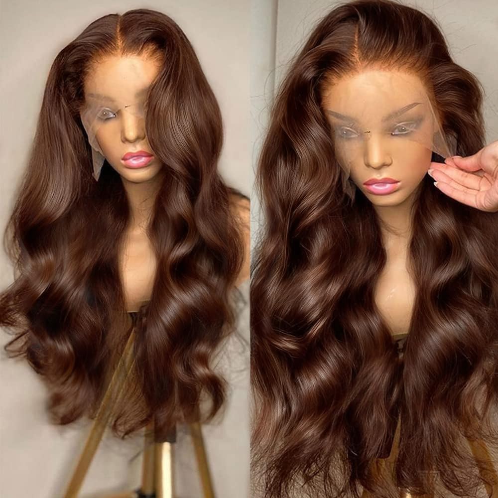 FKFO 200% Density Chocolate Brown Human Hair Wigs 13x4 Body Wave Lace Front Wig Pre Plucked Chestnut Brown Colored Human Hair Wigs For Women HD Transparent Lace Front Wig 24 Inch
