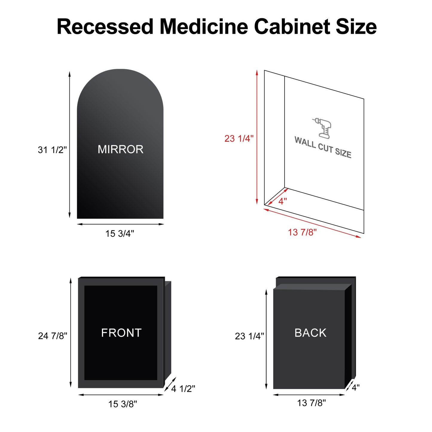 Mepplzian Beveled Edge Arched Recessed Medicine Cabinet with Mirror,Frameless Arched Mirror Medicine Cabinet for Bathroom,Mirrored Cabinets for Bathroom Wall Cabinet with 3 Glass Shelves,16x31