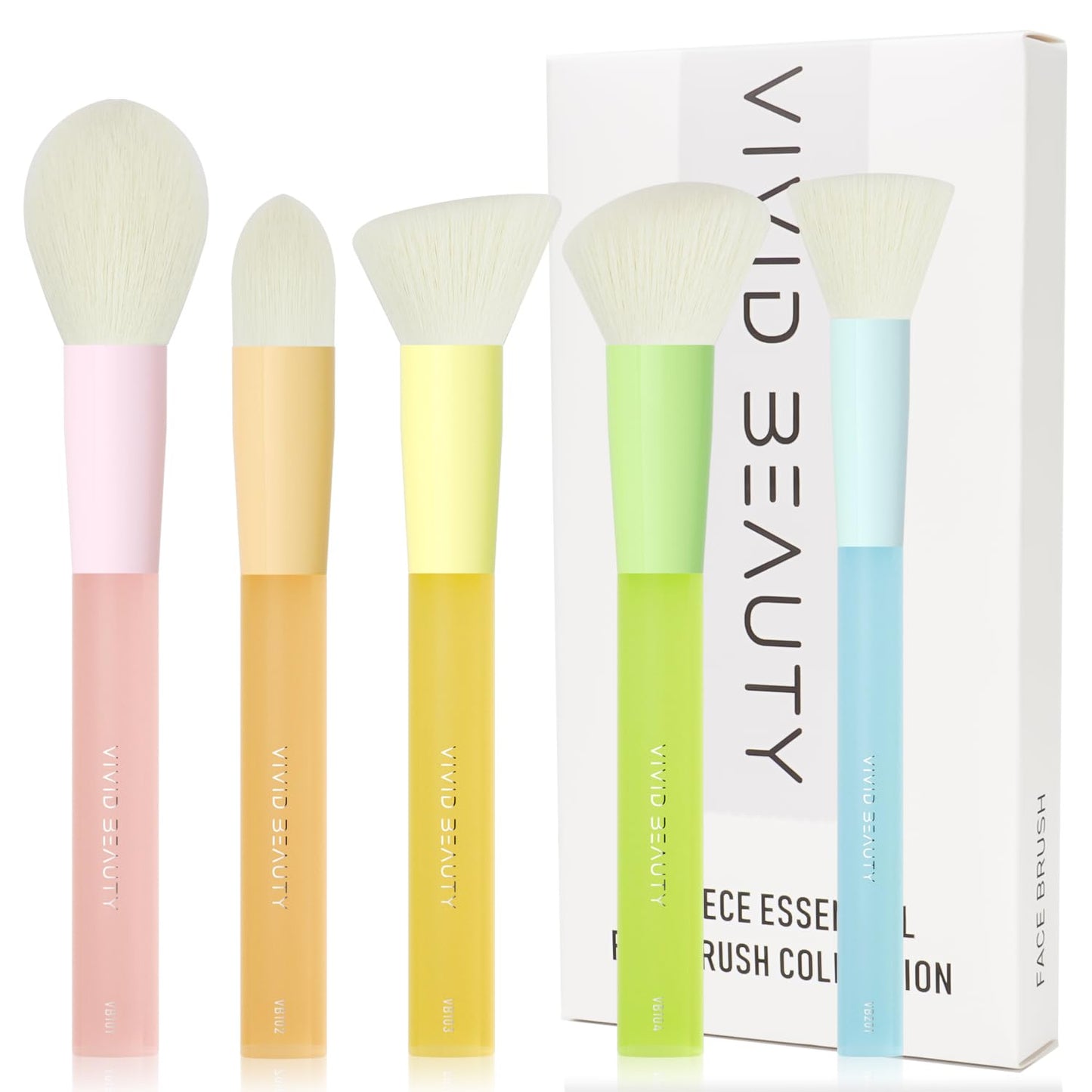 5pcs Multi Color Face Makeup Brush set – Powder, Kabuki, Angled Fluff, Blush Brushes with Vegan Bristles That Mimic Natural Wool – Non-Slip Rubber Handles – Perfect for Contouring, Setting, Blending
